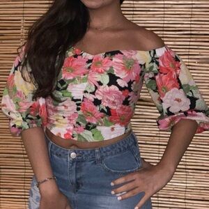 Zara Pink and Orange Puff Sleeve Crop Blouse